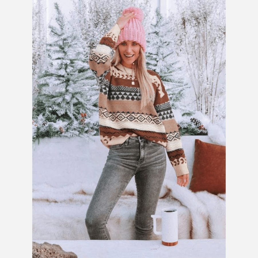 Pull Boho Chic Imprimé Doux Chaud Hiver