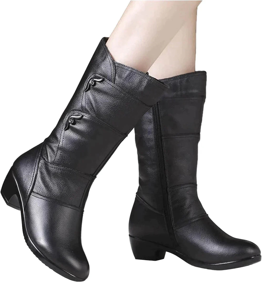 Stilvolle Stiefel Lederoptik Seitenverschluss Niedriger Absatz - IdealeKleiden