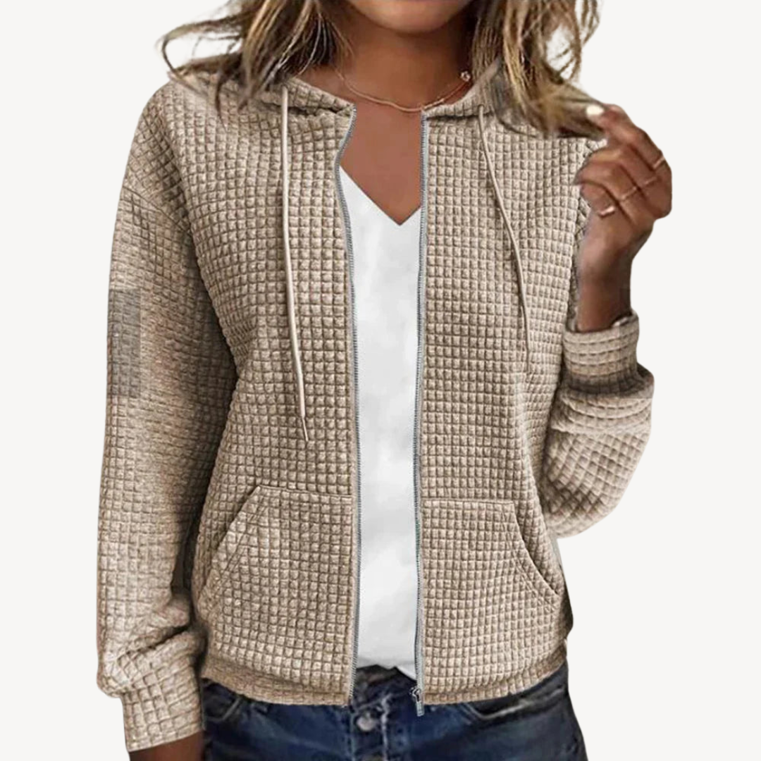 Pull-over gaufré douillet pour femme avec capuche et fermeture éclair
