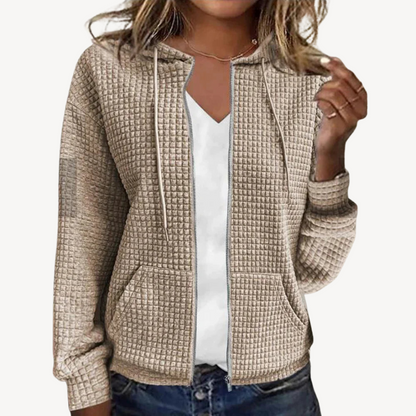 Pull-over gaufré douillet pour femme avec capuche et fermeture éclair
