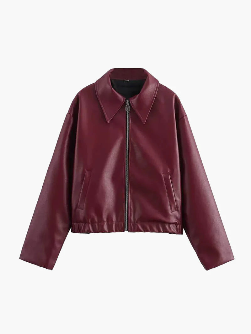 Blouson en cuir bordeaux pour femme élégant