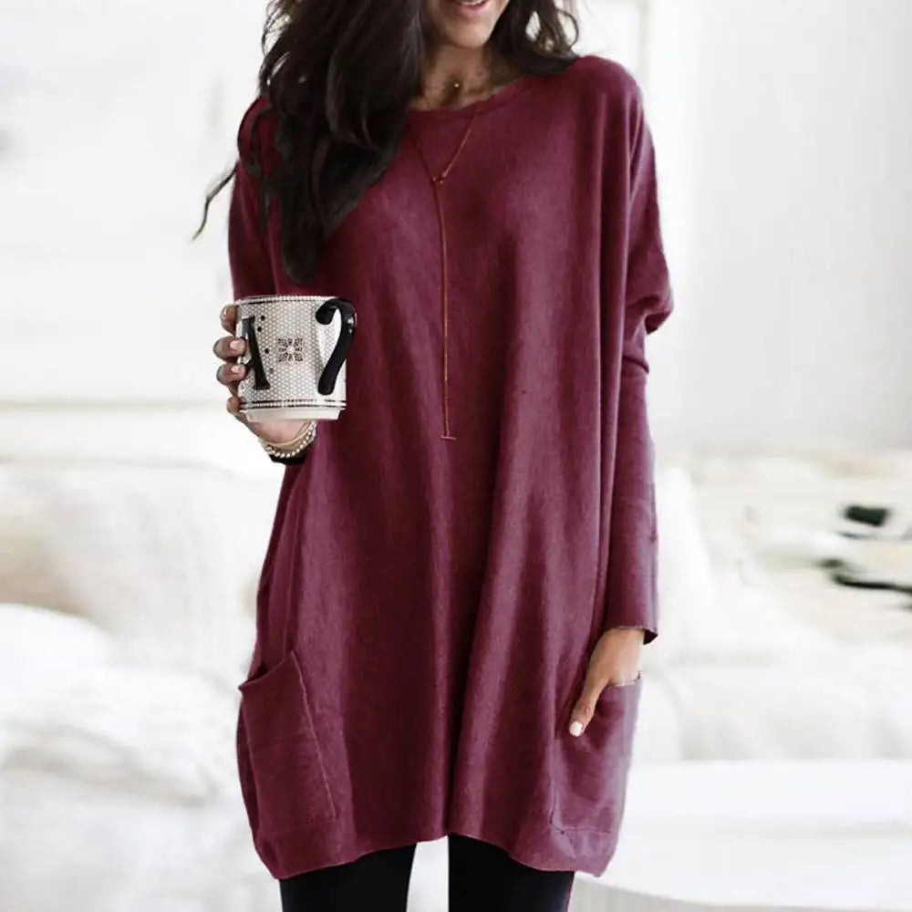 Pull-over oversize à manches longues en coton doux avec poches