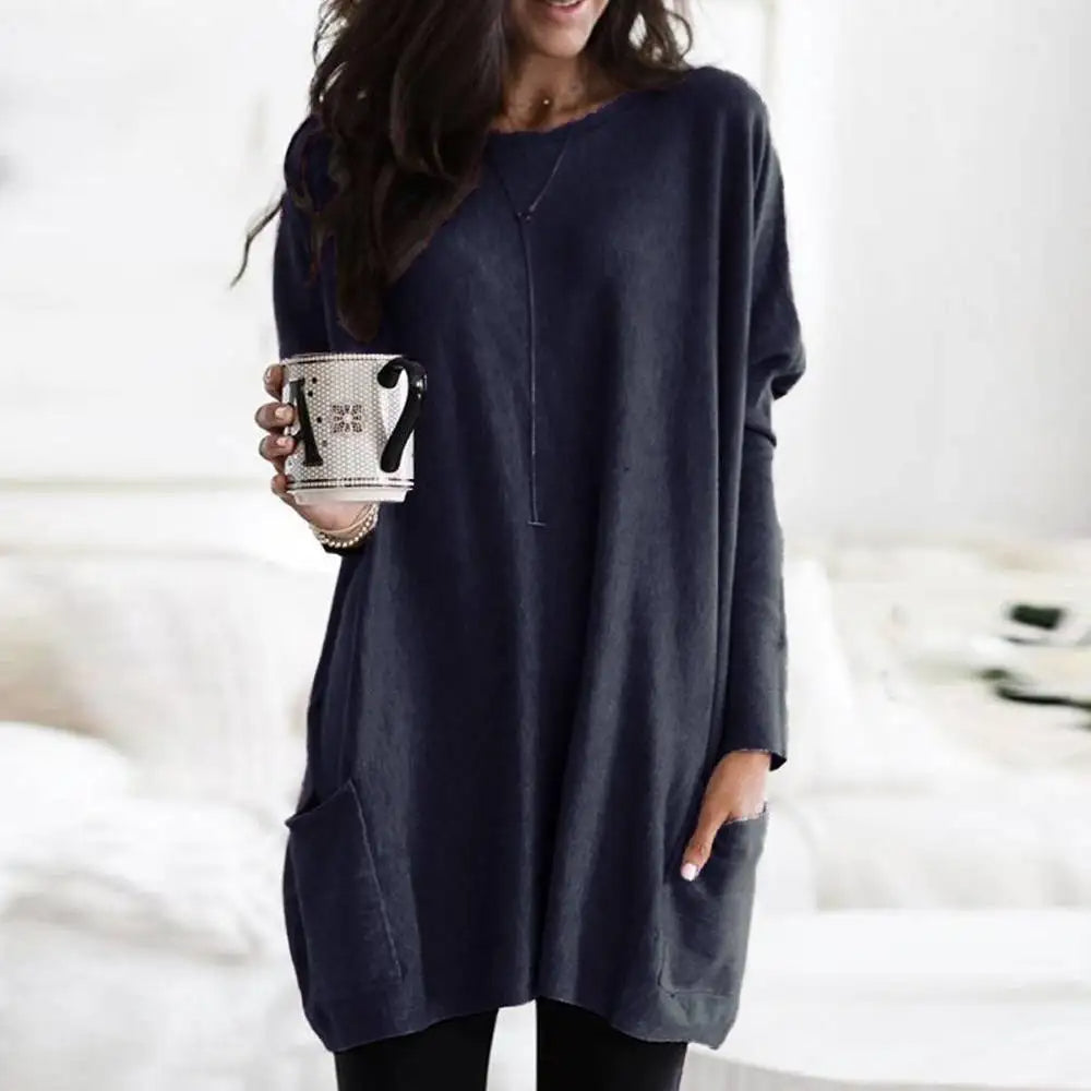 Pull-over oversize à manches longues en coton doux avec poches