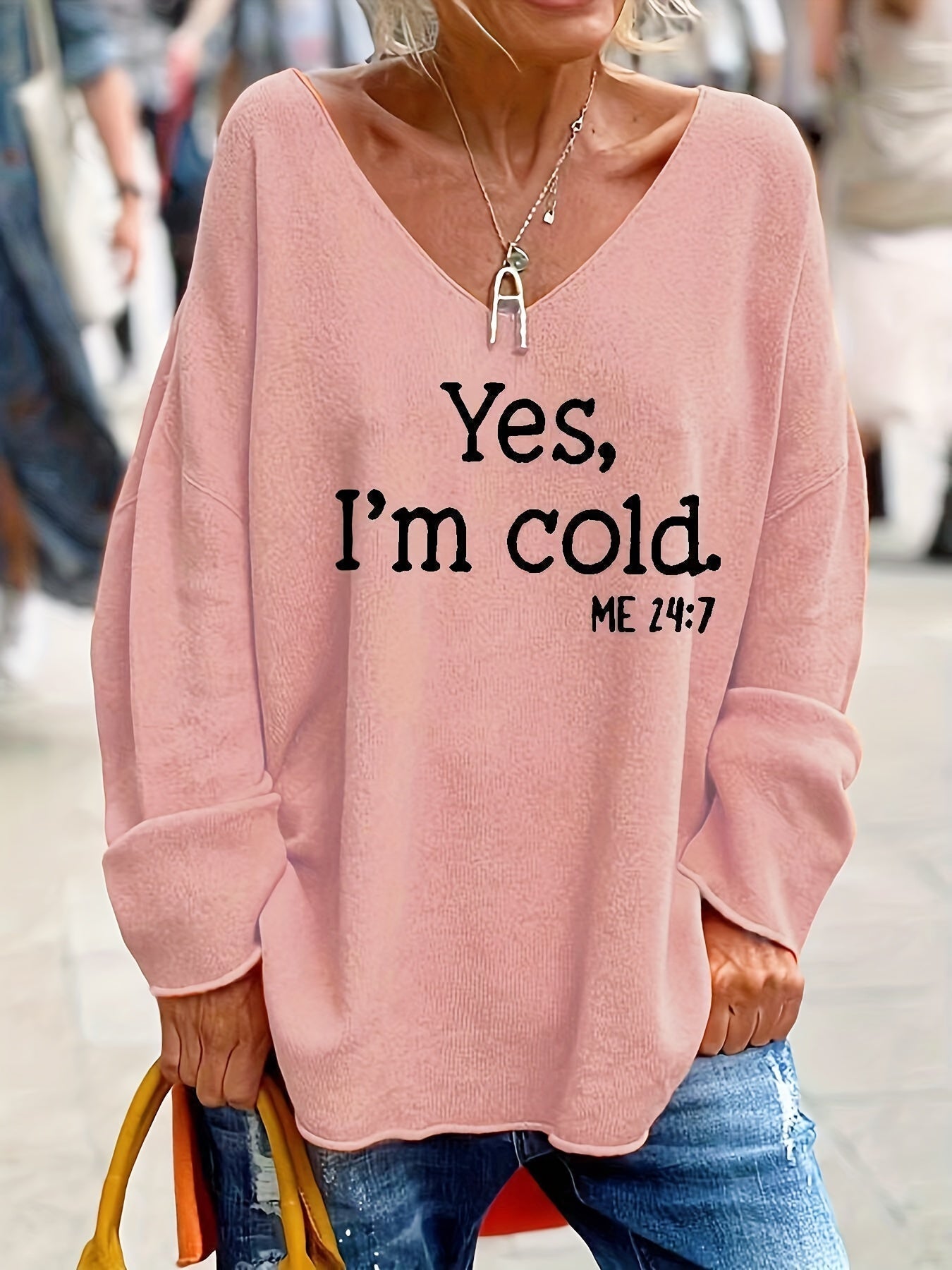 Pull oversize femme col V motif