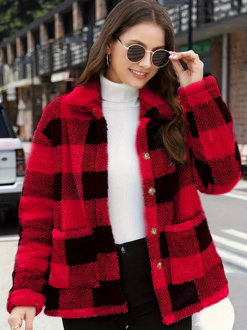 Manteau Teddy Femme en Polaire Carreaux