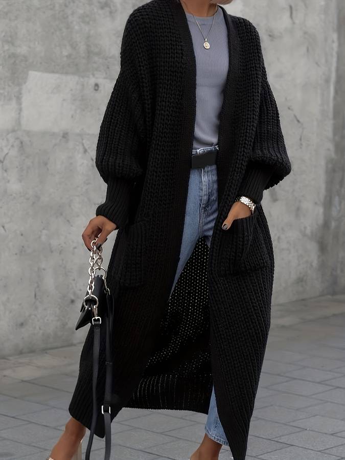 Grand gilet noir tricoté pour femme avec poches