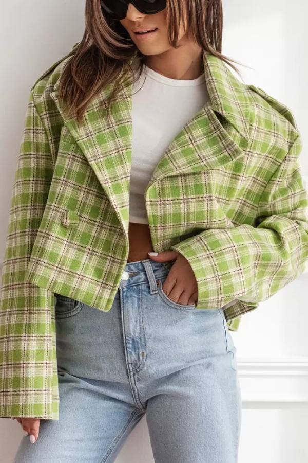 Veste d'automne femme à carreaux, col officier