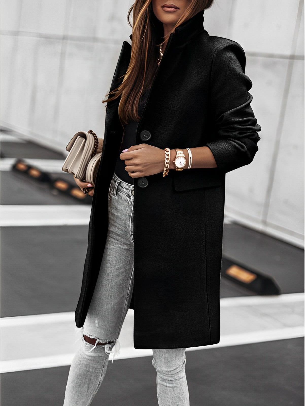 Manteau long élégant pour femme avec boutons, style classique
