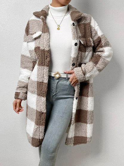 Veste à carreaux pour femme Col en peluche Fermeture boutonnée