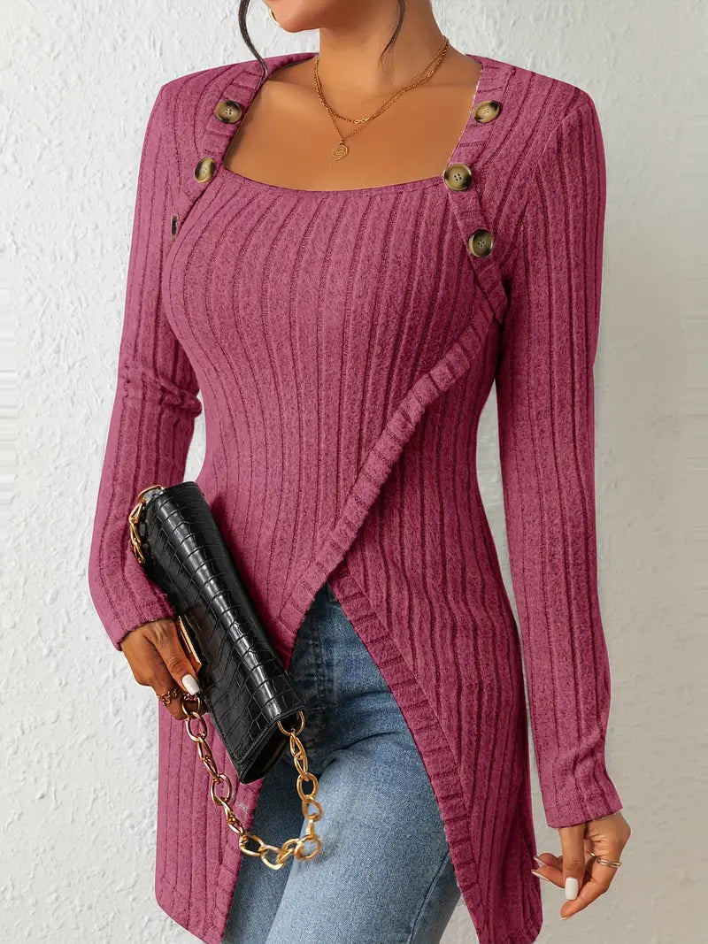 Pull-over femme élégant à manches longues côtelé