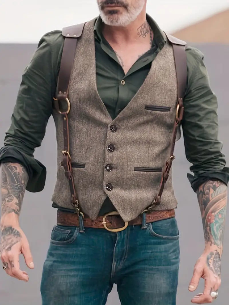 Gilet en cuir pour homme Style Vintage Boucle