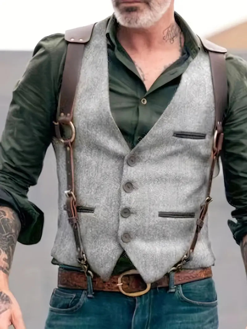 Gilet en cuir pour homme Style Vintage Boucle