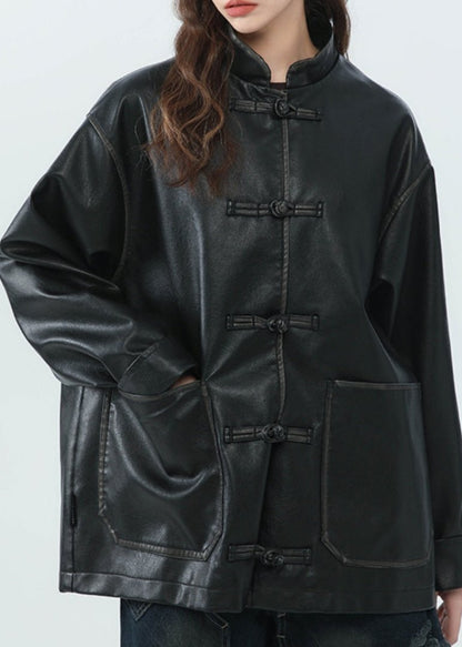 Blouson en cuir tendance, col montant, style motard