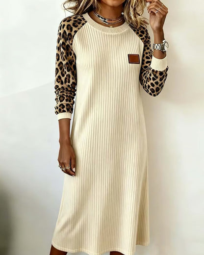 Robe décontractée pour femme à motif léopard et manches longues