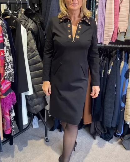 Robe tendance col en V à fermeture éclair