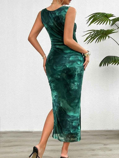 Robe femme moulante motif aquarelle aspect satin