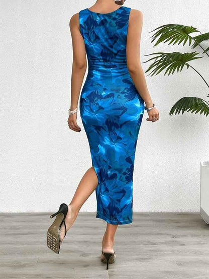 Robe femme moulante motif aquarelle aspect satin