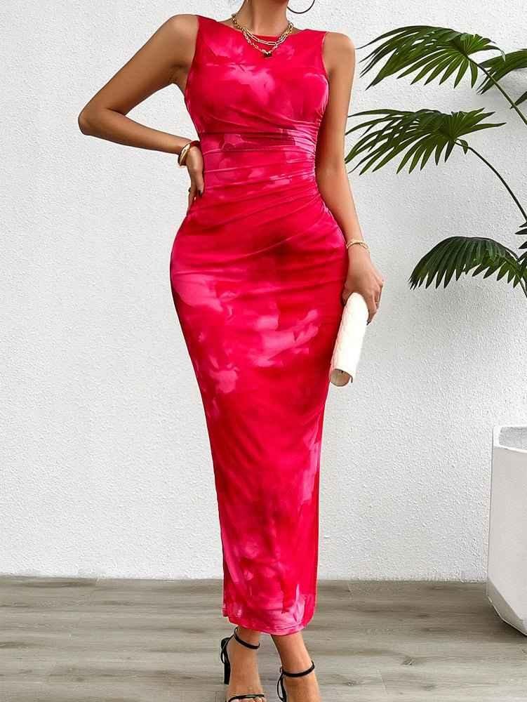 Robe femme moulante motif aquarelle aspect satin