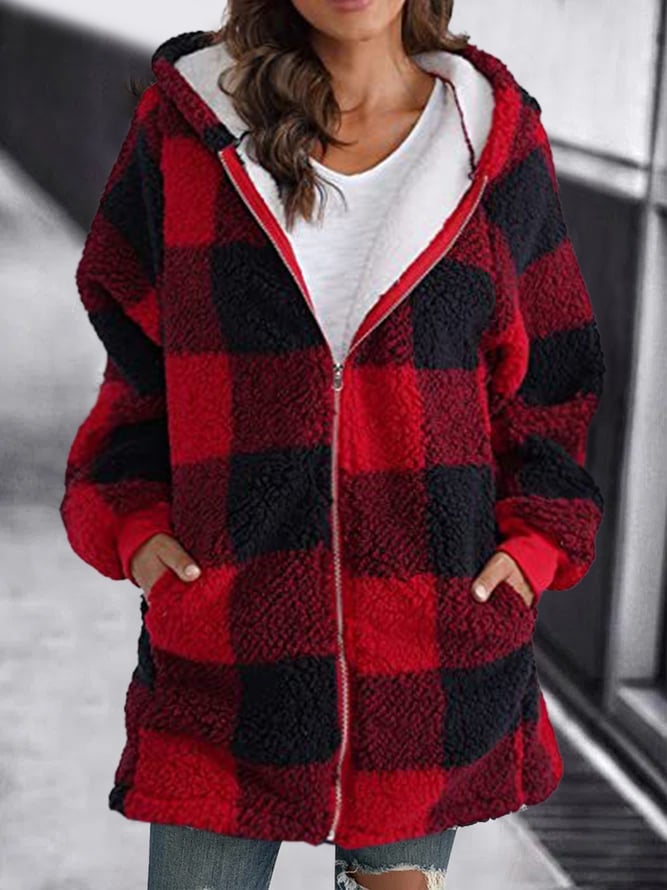 Veste d'hiver à carreaux en polaire chaude à capuche