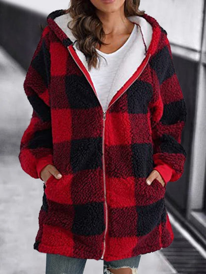 Veste d'hiver à carreaux en polaire chaude à capuche
