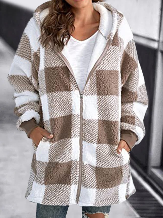 Veste d'hiver à carreaux en polaire chaude à capuche