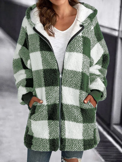 Veste d'hiver à carreaux en polaire chaude à capuche