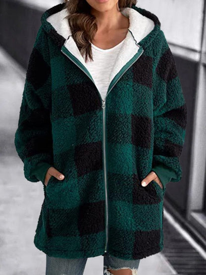 Veste d'hiver à carreaux en polaire chaude à capuche