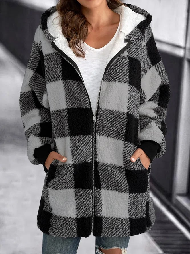 Veste d'hiver à carreaux en polaire chaude à capuche