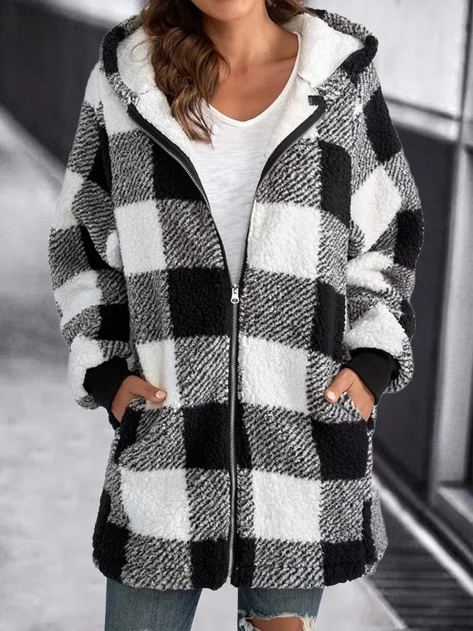 Veste d'hiver à carreaux en polaire chaude à capuche