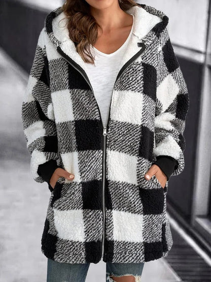 Veste d'hiver à carreaux en polaire chaude à capuche