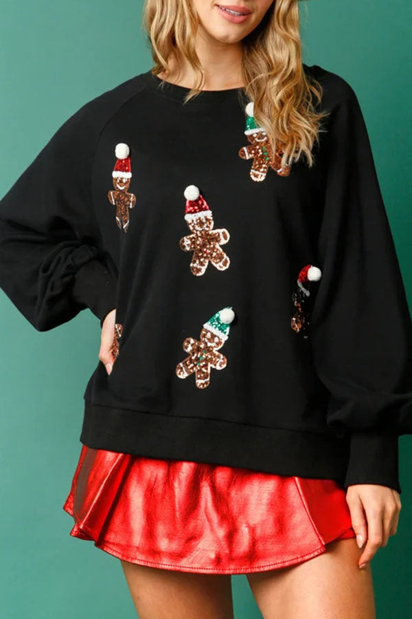 Sweat-shirt de Noël à paillettes Bonhomme en pain d'épices Manches longues