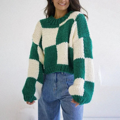 Pull à carreaux confortable et court, de style moderne
