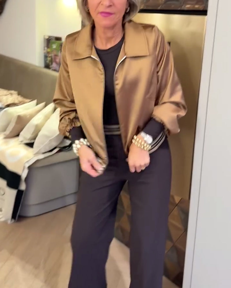 Modische Cropped Jacke Glänzend Revers - IdealeKleiden