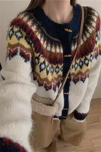 Gilet de Noël à col rond Fair Isle Boutons en corne