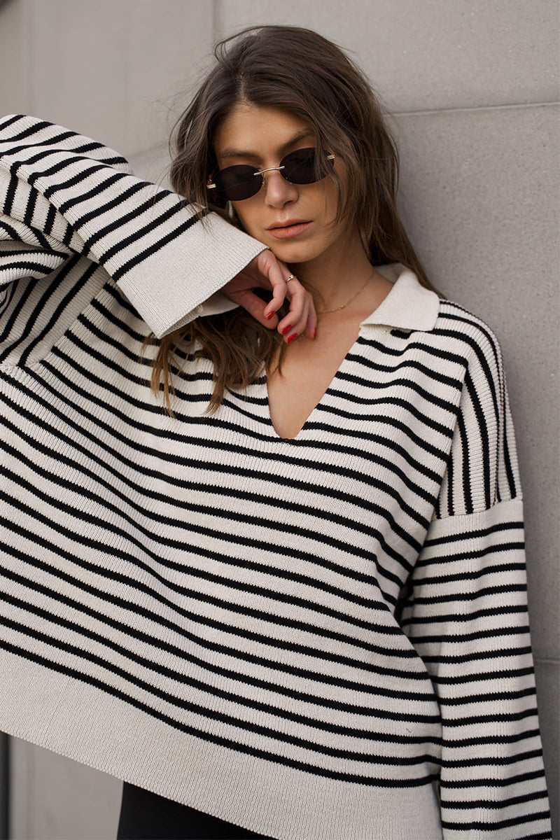 Gemütlicher Strickpullover Rollkragen Streifenmuster - IdealeKleiden