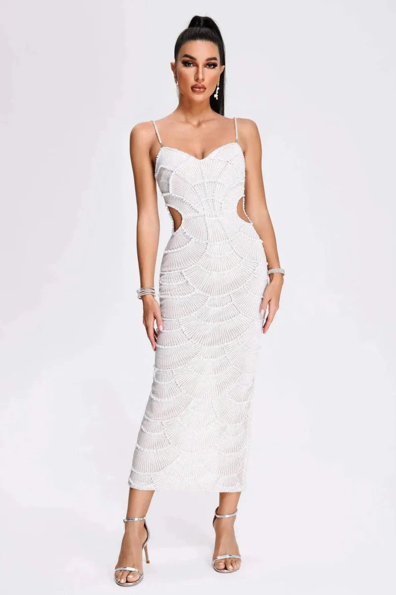 Elegant Weißes Midikleid mit Perlenbesatz - IdealeKleiden