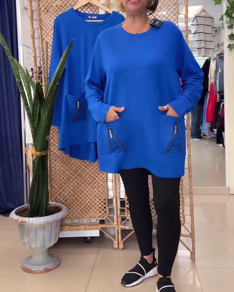 Klassisches Kleid Rundhals Einfarbig Mit Tasche - IdealeKleiden