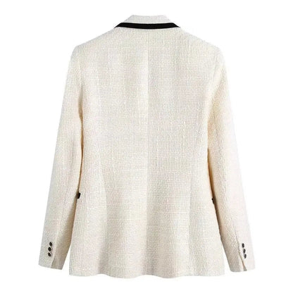 Eleganter Damen Blazer Weiß Tweed Patchwork Chic - IdealeKleiden