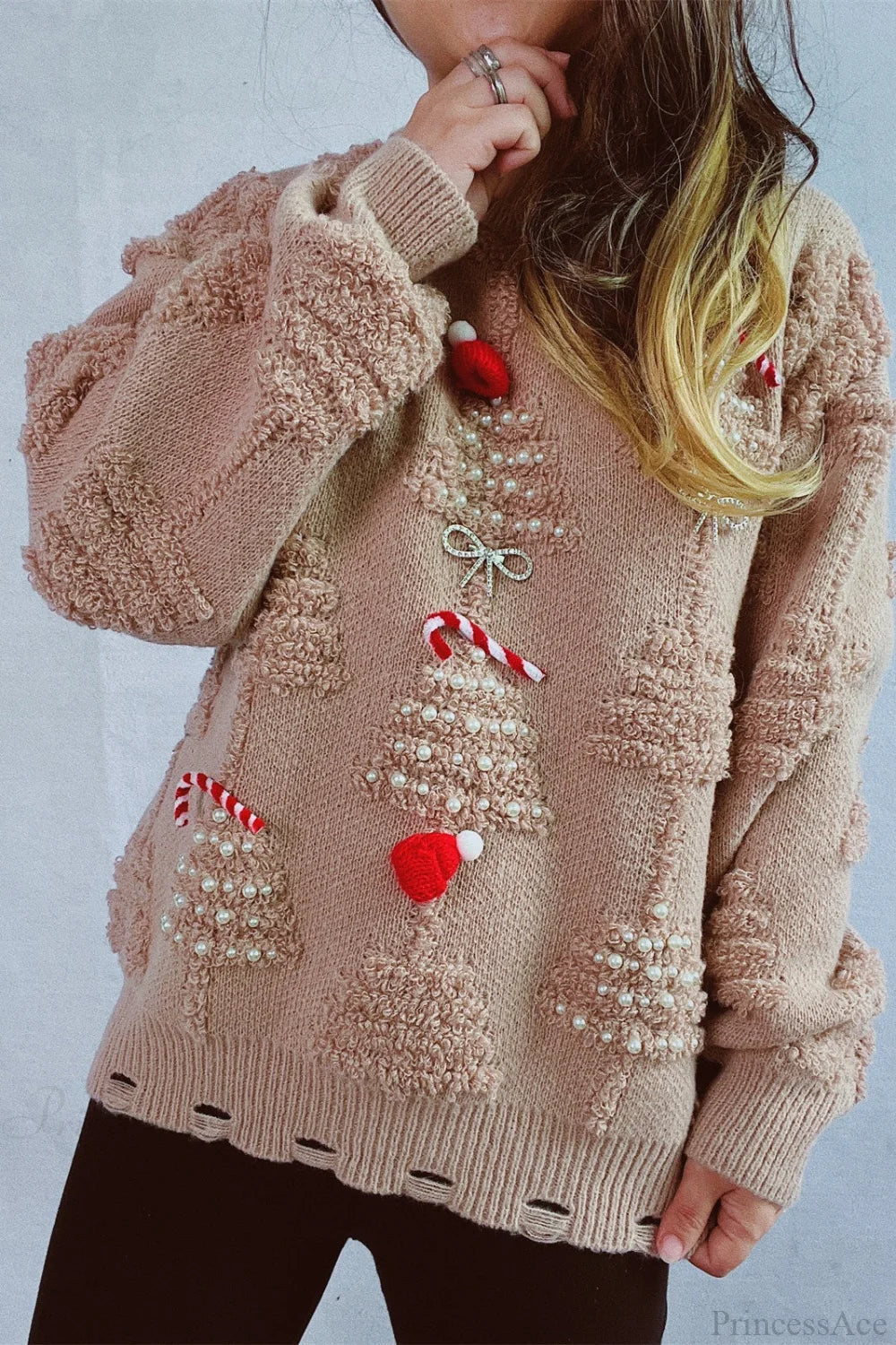 Pull de Noël 3D Arbre de Noël Perles Brillantes