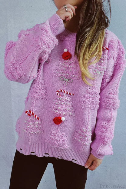 Pull de Noël 3D Arbre de Noël Perles Brillantes