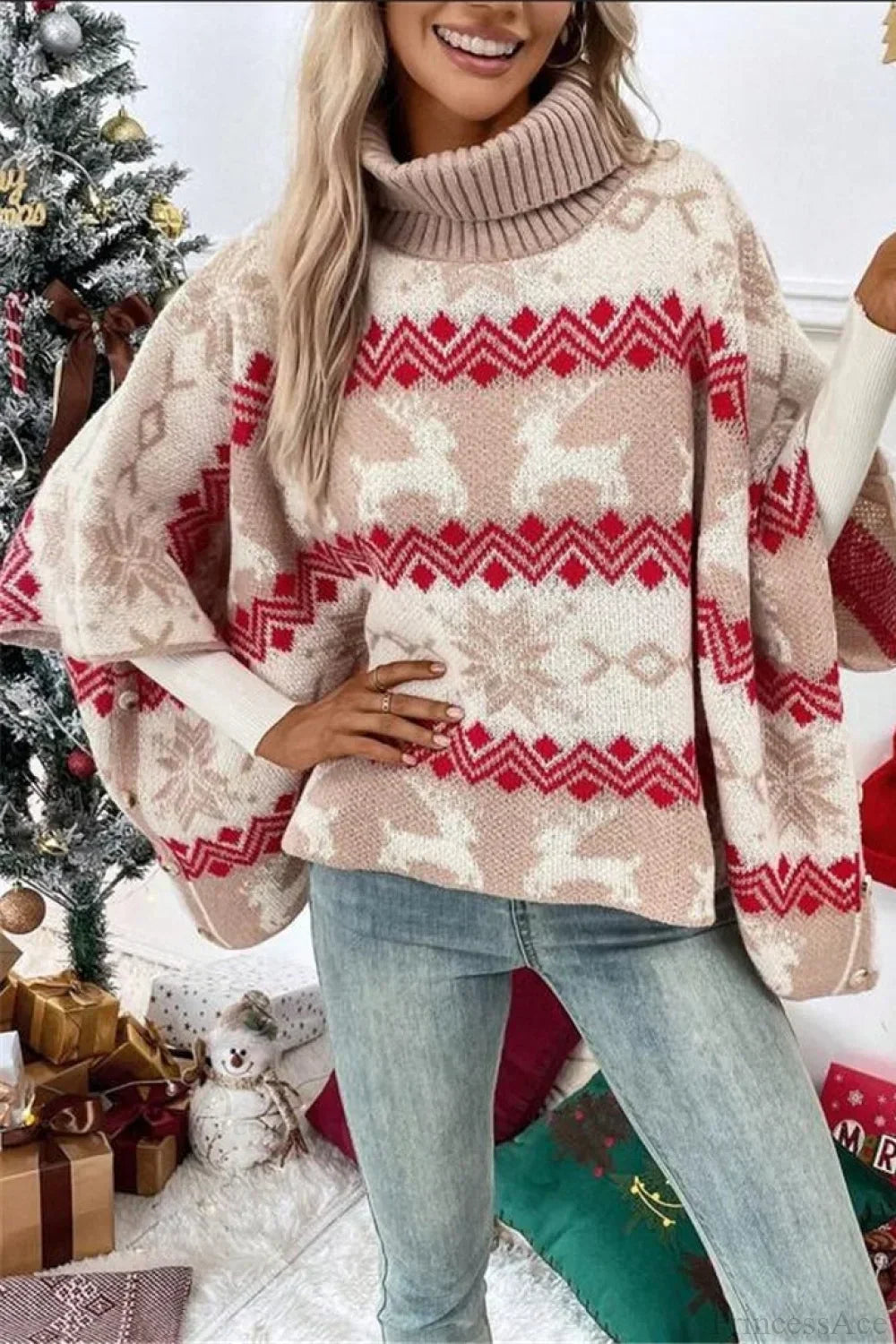 Pull de Noël motif élan col montant manches chauve-souris