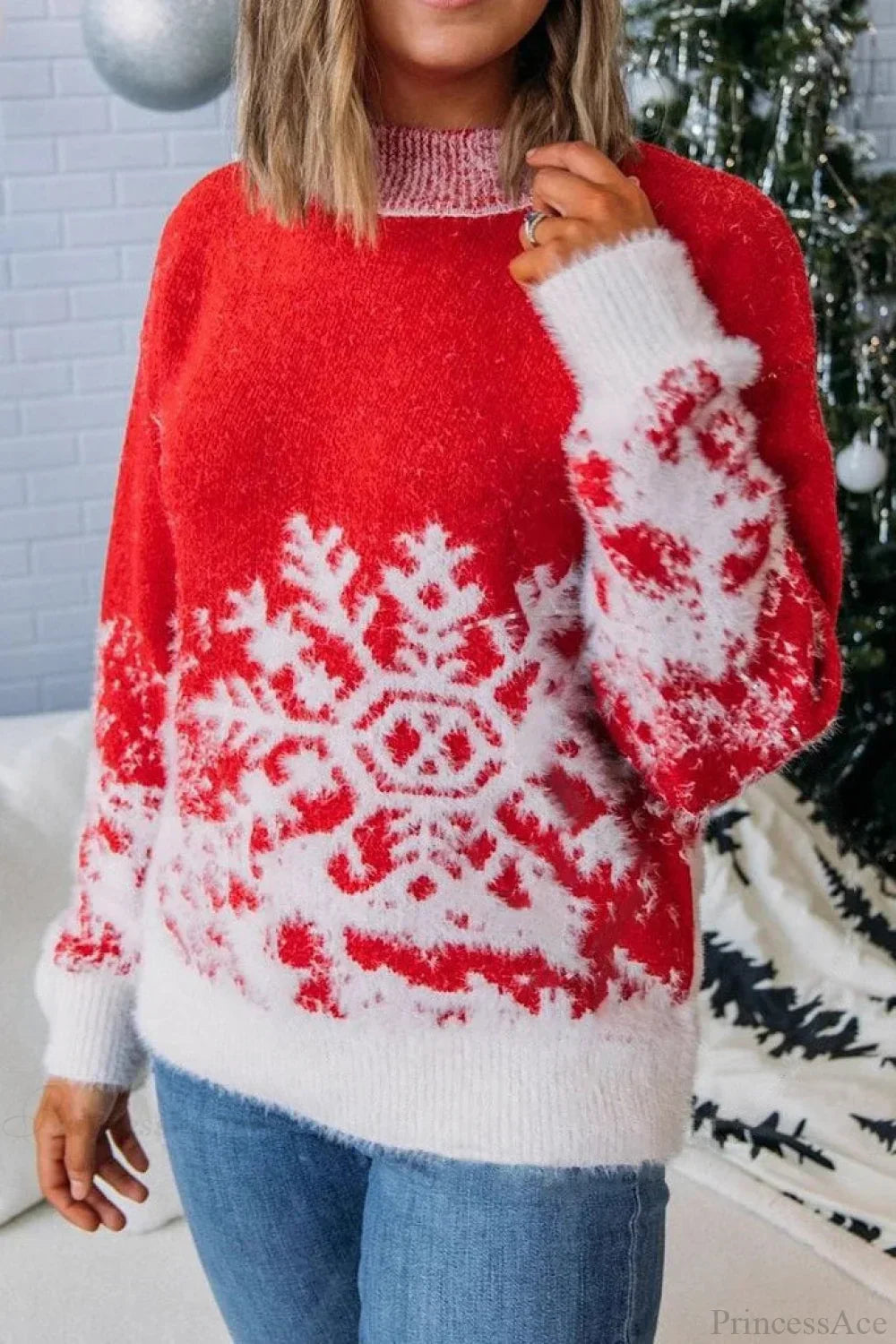 Pull de Noël rouge motif flocon de neige col roulé