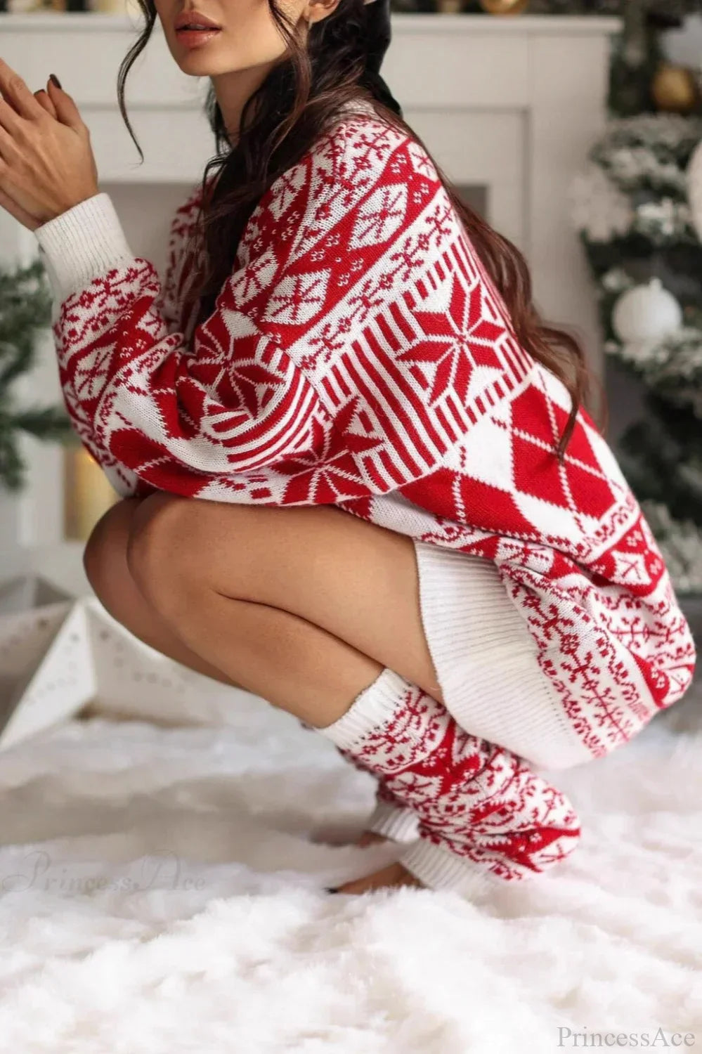 Weihnachtspullover Langarm Schnee Muster - IdealeKleiden