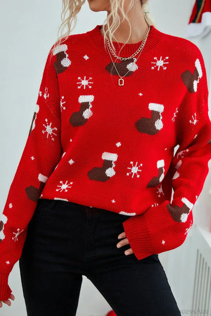 Weihnachtsstrumpf Schneeflocken Muster Lockere Pullover - IdealeKleiden