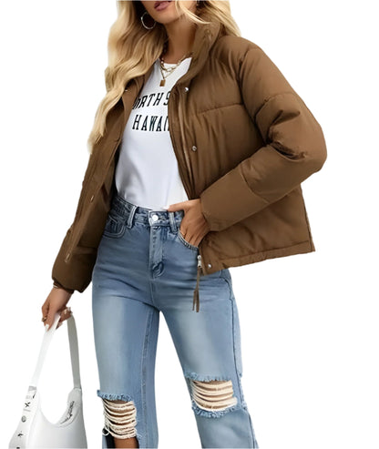 Doudoune matelassée chaude pour femme avec fermeture éclair et col montant → Veste d'hiver chaude isolée et moderne pour femme