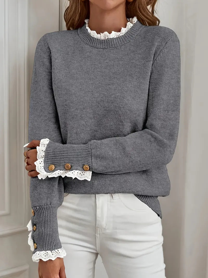 Pull femme col rond, fleurs en dentelle