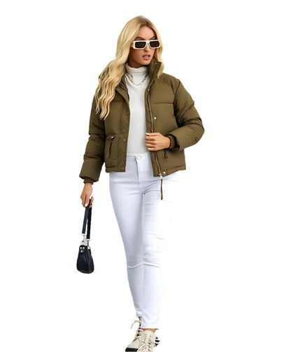 Doudoune matelassée chaude pour femme avec fermeture éclair et col montant → Veste d'hiver chaude isolée et moderne pour femme