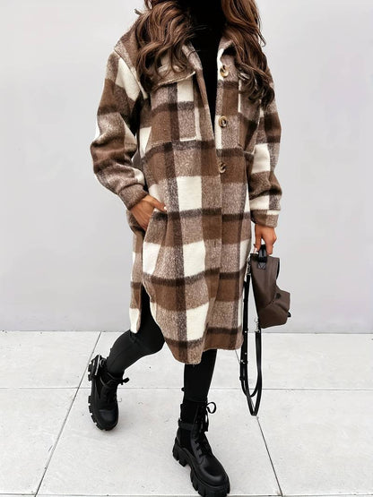Veste en laine carreaux chaude élégante boutons pour femme