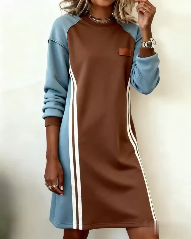 Robe longue manche mode colorblock col rond