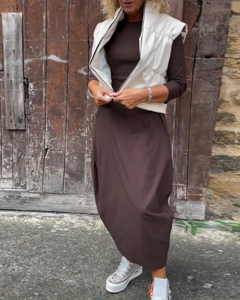 Elegantes Damenkleid Langärmlig Mit Tasche - IdealeKleiden